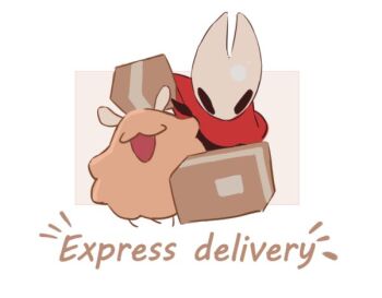 1girl :3 black_eyes box cloak commentary english_text flea_(hollow_knight) hightguy holding holding_box hollow_knight hollow_knight:_silksong hornet_(hollow_knight) horns open_mouth red_cloak smile symbol-only_commentary white_background