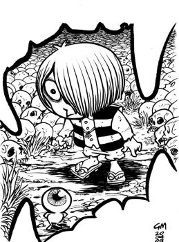 2020 2boys :> commentary dated english_commentary eyeball father_and_son full_body gegege_no_kitarou geta gianmac greyscale hair_over_one_eye holding kitarou long_sleeves looking_at_viewer male_focus medama_oyaji monochrome multiple_boys pile_of_skulls pov sharp_teeth short_hair shorts skull striped_clothes striped_vest teeth too_many_skulls vest