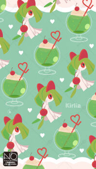 Rule 34 | 1other, bowl cut, character name, cherry, colored skin, cup, drinking straw, food, fruit, gen 3 pokemon, green hair, heart, highres, kirlia, meme (sleepsheep), nintendo, pokemon, pokemon (creature), pokemon focus, red eyes, white skin