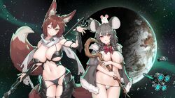 Rule 34 | 2girls, animal ear fluff, animal ears, black pantyhose, blush, bra, brown hair, cameltoe, cape, collar, fox ears, fox tail, heart, heart-shaped pupils, highres, holding, holding staff, holding weapon, looking at viewer, midriff, mouse ears, multiple girls, navel, one eye closed, panties, pantyhose, pink eyes, planet, revealing clothes, ribbon, rimworld, scarf, semi-rimless eyewear, space, spacecraft, staff, stmast, symbol-shaped pupils, tail, torn clothes, underwear, weapon, white panties, yellow eyes