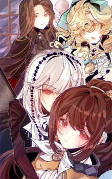 4girls :o aqua_bow aqua_eyes ascot bandaged_hand bandages black_ascot black_cape black_shirt blonde_hair bow brown_cape brown_eyes brown_hair cape closed_mouth commentary dress dual_persona hair_bow hashtag-only_commentary highres interlocked_fingers looking_at_viewer lorelei_(reverse:1999) lucci_(lucci1544447) multiple_girls neckerchief own_hands_together ponytail red_eyes reverse:1999 semmelweis_(reverse:1999) shirt sweat upper_body valentina_(reverse:1999) white_dress white_hair white_neckerchief