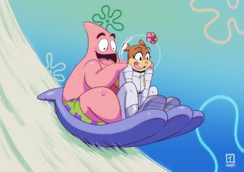 Rule 34 | 1boy, 1girl, animal ears, clam, colored skin, flower, happy, highres, nickelodeon, open mouth, patrick star, pink skin, riding, sand, sandy cheeks, sliding, spongebob squarepants (series), squirrel, squirrel ears, squirrel girl, squirrel tail, starfish, tail, traupa