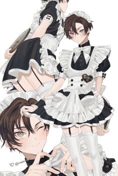 Rule 34 | 1boy, apron, arms up, artist name, blush, brown hair, crossdressing, crossdressing (mtf), finger heart, frilled headwear, garter belt, grey eyes, highres, legs, looking at viewer, maid, maid apron, maid headdress, male focus, male maid, mege (megechan), mole, mole under eye, one eye closed, original, simple background, solo, thighhighs, thighs, twitter logo, twitter username, white background, white thighhighs
