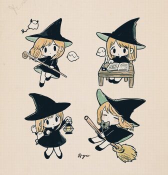 Rule 34 | 1girl, animal, ayu (mog), black dress, black hat, black shoes, blonde hair, blush, book, broom, broom riding, brown background, cat, chibi, chibi only, closed eyes, closed mouth, commentary, commentary request, dress, english commentary, full body, ghost, hat, holding, holding lantern, holding staff, lantern, long sleeves, medium hair, mixed-language commentary, one-eyed, open book, original, quill, romaji commentary, shoes, signature, simple background, sitting, solid oval eyes, staff, table, witch, witch hat
