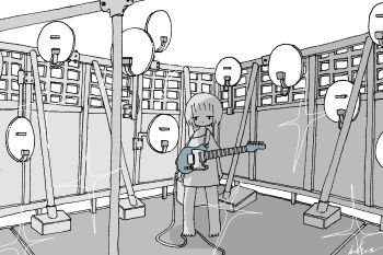 Rule 34 | 1girl, absurdres, arms at sides, barefoot, commentary, electric guitar, greyscale, guitar, highres, instrument, kaduise, looking at viewer, monochrome, no pants, original, oversized clothes, oversized shirt, satellite dish, shirt, short hair, spot color, standing