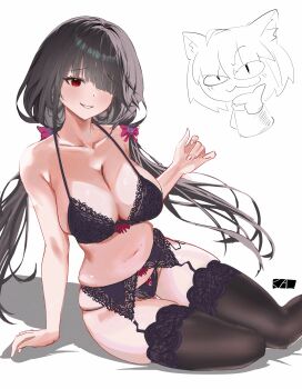 1girl absurdres azur_lane bare_shoulders black_bra black_garter_belt black_garter_straps black_hair black_panties black_thighhighs bra breasts cleavage collarbone date_a_live garter_belt garter_straps hair_over_one_eye hair_ribbon highres lace lace-trimmed_bra lace-trimmed_panties lace-trimmed_thighhighs lace_trim large_breasts light_blush lingerie looking_at_viewer low_twintails neco-arc official_alternate_costume panties red_eyes red_ribbon ribbon simple_background thighhighs thowfi_25 tokisaki_kurumi tokisaki_kurumi_(twin_rose) tsukihime twintails underwear white_background