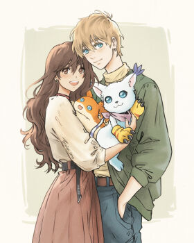 Rule 34 | absurdres, collared shirt, denim, digimon, digimon adventure, digimon adventure 02, earrings, highres, jacket, jeans, jewelry, pants, patamon, shirt, skirt, tailmon, takaishi takeru, yagami hikari