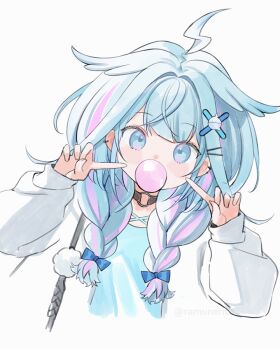 1girl ahoge black_choker blowing_bubble_gum blue_bow blue_eyes blue_hair blue_shirt bow braid chewing_gum choker cropped_torso ear_piercing hair_bow hair_flaps hashtag-only_commentary hololive hololive_dev_is jacket lightning_ahoge long_hair long_sleeves looking_at_viewer low_twin_braids mizumiya_su mizumiya_su_(1st_costume) multicolored_hair o-ring o-ring_choker piercing pointing pointing_at_self purple_hair ramune_(lamunepop) shirt simple_background sleeves_past_wrists solo streaked_hair twin_braids two-tone_hair virtual_youtuber white_background white_jacket