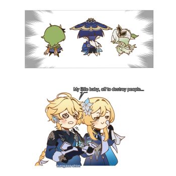 Rule 34 | 2boys, 3girls, :>, aether (genshin impact), arms at sides, artist name, black dress, black gloves, black hair, black shorts, blonde hair, blue cape, blue coat, blue dress, blue flower, blue hat, blue jingasa, blue sleeves, blunt ends, blush, braid, brother and sister, brown pantyhose, cape, capelet, chibi, closed eyes, coat, collei (genshin impact), colored tips, dress, english text, facing away, flower, fringe trim, furisode, genshin impact, gloves, gold, googly eyes, gradient hair, green cape, green capelet, green hair, gun, hair flower, hair ornament, hair tie, half crown braid, hands up, hat, highres, holding, holding gun, holding napkin, holding weapon, japanese clothes, jingasa, kimono, kurogawa shion, lapels, leaf, leaf hair ornament, long hair, long sleeves, looking to the side, low-braided long hair, low-tied long hair, lumine (genshin impact), multicolored flower, multicolored hair, multiple boys, multiple girls, nahida (genshin impact), official alternate costume, orange scarf, pantyhose, pointy ears, rifle, scaramouche (genshin impact), scarf, short hair, short hair with long locks, shorts, siblings, side cape, side ponytail, sidelocks, tearing up, twins, wanderer (genshin impact), weapon, white flower, white hair, white kimono, white sleeves, wiping face