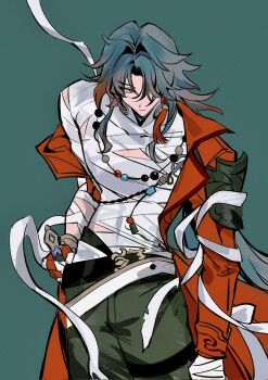 1boy alternate_costume bandaged_chest bandaged_hand bandages belt black_belt black_pants blade_(elation)_(honkai:_star_rail) blade_(honkai:_star_rail) closed_mouth coat contrapposto earrings gradient_hair green_background hair_over_one_eye hashtag-only_commentary highres honkai:_star_rail honkai_(series) jewelry long_hair long_sleeves looking_to_the_side male_focus multicolored_hair necklace one_eye_covered open_clothes open_coat pants piercing red_coat sideways_glance simple_background skyskywww solo standing tassel tassel_earrings very_long_hair