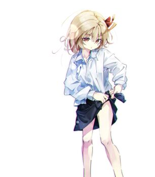 1girl bare_legs black_hair blonde_hair collarbone commentary_request feet_out_of_frame gorilla_(bun0615) hair_ribbon highres looking_at_viewer open_collar orange_eyes red_ribbon ribbon rumia shirt simple_background skirt solo touhou white_background white_shirt wringing_clothes wringing_skirt