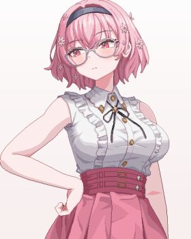 1girl blush breasts clothing_cutout collared_shirt flower frills glasses hair_flower hair_ornament hololive hololive_english large_breasts mori_calliope mori_calliope_(kawaiiope) mqpixels official_alternate_costume official_alternate_hairstyle pink_eyes pink_hair pink_skirt pixel_art shirt skirt solo virtual_youtuber white_shirt