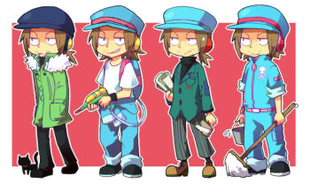 1boy belt bemani black_cat black_footwear black_pants black_socks blue_headwear border breast_pocket brown_hair bucket cat cigarette dual_persona facial_hair frown green_jacket grin hand_in_pocket headphones holding holding_bucket holding_mop holding_paintbrush holding_paper holding_water_gun jacket janitor male_focus mop mouth_hold mr._kk paintbrush pants paper pink_belt pocket ponytail pop'n_music rolled-up_paper shirt short_ponytail skull_and_crossbones sleeves_rolled_up smile smoking socks striped_clothes striped_pants stubble sweatdrop t-shirt variations vertical-striped_clothes vertical-striped_pants water_gun white_border white_shirt yokunaiiii