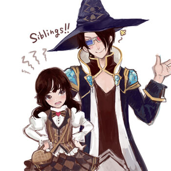 Rule 34 | 1boy, 1girl, 3d glasses, black coat, blue gemstone, brother and sister, brown eyes, brown hair, brown shirt, brown skirt, brown vest, checkered clothes, checkered skirt, closed mouth, coat, commentary request, eye print, gem, gobaku no hito, hat, juliet sleeves, long sleeves, lowres, medium hair, open clothes, open coat, open mouth, puffy sleeves, purple hat, ragnarok masters, ragnarok online, shirt, short hair, siblings, simple background, skirt, smile, upper body, vest, warlock (ragnarok online), white background, white shirt, witch hat