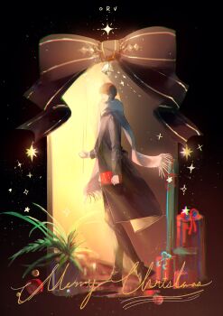 1boy absurdres bell black_coat black_hair book box coat commentary english_commentary fern fringe_trim full_body gift gift_box highres holding holding_book kim_dokja looking_at_viewer merry_christmas omniscient_reader&#039;s_viewpoint open_clothes open_coat opening_door plant potted_plant ribbon roellm scarf short_hair smile solo standing walking