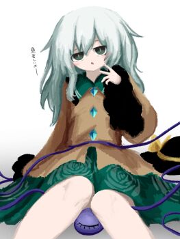 1girl black_hat blush buttons collared_shirt commentary_request contrast_collar diamond_button floral_print frilled_shirt_collar frilled_sleeves frills green_eyes green_hair green_sailor_collar green_skirt hat hat_ribbon heripantomorrow komeiji_koishi on_floor open_mouth ribbon rose_print sailor_collar shirt sitting skirt smile solo third_eye touhou unworn_hat unworn_headwear wide_sleeves yellow_ribbon yellow_shirt