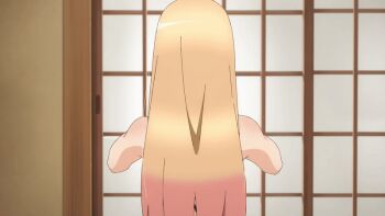 1girl 2022 20s animated animated_gif armpits arms_up back backboob bikini bikini_top_only black_bikini blonde_hair bouncing_breasts bracelet breasts choker cleavage collar collarbone ear_piercing earrings floral_print holding holding_own_hair jewelry kitagawa_marin large_breasts lips long_hair looking_at_viewer piercing ponytail red_eyes sideboob smile sono_bisque_doll_wa_koi_wo_suru swimsuit tagme