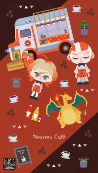 Rule 34 | 1boy, 1girl, apron, black bow, black bowtie, blue eyes, bow, bowtie, chalkboard, charizard, claws, closed eyes, coffee beans, coffee mug, cup, disposable coffee cup, disposable cup, dragon, fire, flame-tipped tail, food truck, gen 1 pokemon, glasses, gradient hair, griselle (pokemon), grisham (pokemon), hair pulled back, highres, ketchup, ketchup bottle, looking at viewer, meme (sleepsheep), mug, multicolored hair, mustard, mustard bottle, nintendo, orange apron, orange hair, plant, pokemon, pokemon (creature), pokemon legends: z-a, ponytail, potted plant, print apron, red apron, red hair, saucer, shirt, split ponytail, tail, two-tone hair, waist apron, white-framed eyewear, white hair, white shirt, wings