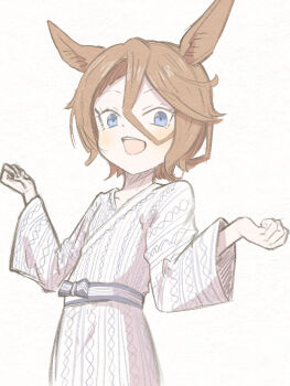 1girl 2024 absurdres animal_ears blue_eyes blush brown_hair commentary_request flat_chest highres horse_ears horse_girl japanese_clothes kimono long_hair looking_at_viewer narita_taishin_(umamusume) obi sash solo tea76225914 teeth umamusume upper_teeth_only white_background yukata