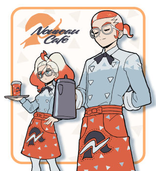 1boy 1girl :/ absurdres ahoge apron black_bow black_bowtie blue_eyes bow bowtie closed_eyes colored_tips cowboy_shot cup disposable_cup glasses griselle_(pokemon) grisham_(pokemon) hair_pulled_back highres holding holding_coffee_pot holding_tray light_smile lower_eyelashes_only multicolored_hair nintendo orange_apron orange_hair pantyhose pokemon pokemon_legends:_z-a ponytail sach56000 shirt short_ponytail split_ponytail tray two-tone_hair waist_apron wavy_hair white-framed_eyewear white_hair white_pantyhose white_shirt