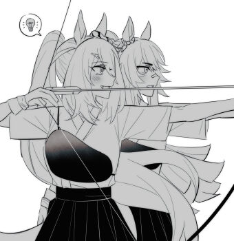 2girls aiming alternate_costume arrow_(projectile) bandaid bandaid_on_face bandaid_on_nose bow_(weapon) commentary_request cowboy_shot drawing_bow ear_ornament ear_scrunchie fang floating_hair gloves greyscale hair_between_eyes hair_ornament hairclip hakama hakama_skirt happy helping high-waist_skirt highres hishi_amazon_(umamusume) holding holding_arrow holding_bow_(weapon) holding_weapon horse_girl hwipa_(param_blue) japanese_clothes kimono korean_commentary light_blush light_bulb long_hair monochrome multiple_girls narita_brian_(umamusume) open_mouth pointy_nose ponytail rope scrunchie shimenawa short_sleeves simple_background single_strap skirt smile speech_bubble spoken_object striped_clothes striped_scrunchie umamusume very_long_hair vest weapon white_background wind