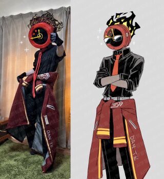 Rule 34 | 1other, black gloves, black pants, black shirt, clock, coat, coat around waist, collared shirt, commentary request, cosplay photo, crossed arms, dante (limbus company), fire, fujiendou, gloves, highres, limbus company, object head, pants, photo (medium), project moon, red coat, shirt, sparkle, sunglasses, tape, white background