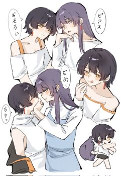 2girls black_hair blue_dress blue_eyes blush brown_eyes chang_chin-lan commentary corrupted_twitter_file covering_another's_mouth drawstring dress earrings gujyo_kanade highres hood hoodie jewelry kamiina_botan_yoeru_sugata_wa_yuri_no_hana licking_lips multiple_girls off-shoulder_shirt off_shoulder pinafore_dress purple_hair shirt short_hair simple_background sleeveless sleeveless_dress sleeveless_hoodie smile tongue tongue_out untranslatable_commentary wanderingfox white_background white_hoodie white_shirt yuri