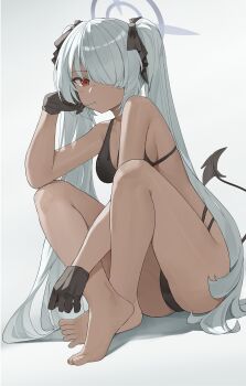 1girl bare_shoulders barefoot bikini black_bikini black_gloves black_ribbon blue_archive breasts candy dark-skinned_female dark_skin dddm demon_tail feet food gloves hair_over_one_eye hair_ribbon halo iori_(blue_archive) iori_(swimsuit)_(blue_archive) knees_up lollipop lollipop_in_mouth long_hair looking_at_viewer medium_breasts official_alternate_costume purple_halo red_eyes ribbon sitting solo swimsuit tail thighs toes twintails very_long_hair white_background white_hair