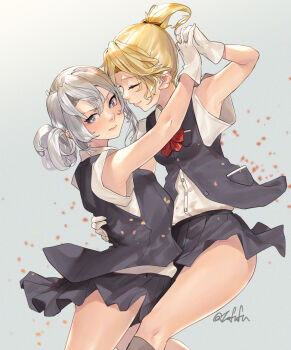 2girls ass asymmetrical_hair black_vest blonde_hair blouse blush closed_eyes dancing flipped_hair fuwafuwatoufu gloves grey_eyes grey_hair grey_vest kantai_collection kerchief long_hair maikaze_(kancolle) multiple_girls neck_ribbon necktie no_legwear nowaki_(kancolle) pleated_skirt ponytail ribbon school_uniform shirt short_hair short_ponytail short_sleeves skirt smile twitter_username vest white_gloves yellow_necktie yuri