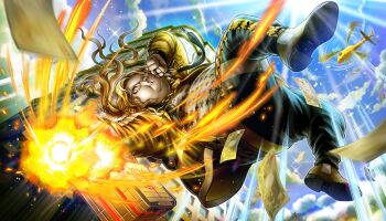 1boy aircraft banknote black_pants blonde_hair clenched_hand embers falling fat fat_man glasses grin helicopter highres jacket jewelry male_focus money non-web_source official_art pants ring shoes smile solo todoroki_eiji_(tribe_nine) tribe_nine yellow_jacket yellow_shoes