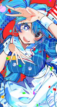 1girl apron aqua_eyes aqua_hair black_eyes blue_dress blush bow breasts commentary_request dress empty_eyes hair_between_eyes hat hat_bow hatsune_miku head_tilt highres lacia_everlight long_hair looking_at_viewer medium_breasts mesmerizer_(vocaloid) open_mouth puffy_short_sleeves puffy_sleeves sharp_teeth short_sleeves solo sparkling_eyes striped_bow teeth tongue tongue_out twintails visor_cap vocaloid waist_apron white_apron white_wrist_cuffs wrist_cuffs