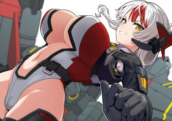 1girl black_gloves breasts cameltoe chisato_heathaze cleavage cleavage_cutout clothing_cutout commentary_request cosmic_break dutch_angle gloves grin headgear large_breasts leotard looking_at_viewer mecha_musume mechanical_arms multicolored_hair multicolored_leotard navel navel_cutout red_hair red_leotard short_hair single_mechanical_arm smile solo tsukinami_kousuke two-tone_hair white_hair white_leotard yellow_eyes