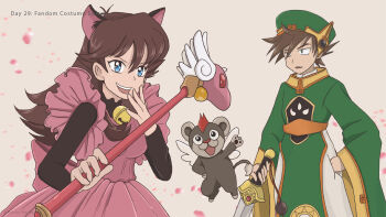 Rule 34 | 1boy, 1girl, absurdres, ahoge, alternate costume, animal ears, blue eyes, blue oak, breasts, brown hair, cat ears, clenched hand, dress, expressionless, fake animal ears, falling petals, frilled dress, frills, gen 6 pokemon, green (pokemon), green eyes, hair between eyes, hand on own hip, hands up, happy, highres, holding, holding staff, holding sword, holding weapon, laughing, leaning forward, litleo, long hair, long sleeves, looking at another, medium breasts, neck bell, nintendo, no gloves, orange hair, petals, pink dress, pokemon, pokemon (creature), pokemon adventures, purrrloin, sidelocks, spiked hair, staff, standing, sword, weapon, wide sleeves