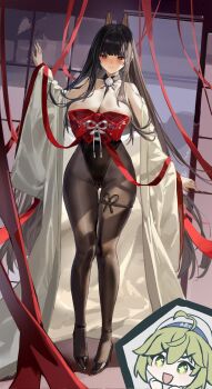 +_+ 2girls ahoge akagi_(warship_girls_r) alternate_costume black_hair blunt_bangs blush bow breasts censored chibi chibi_inset chichengde_haotidu_afusang closed_mouth commentary_request full_body gloves green_eyes green_hair high_heels highres horns japanese_clothes kimono large_breasts leotard long_hair long_sleeves looking_at_viewer multiple_girls obi open_mouth pantyhose red_eyes red_ribbon ribbon sash smile solo_focus standing very_long_hair warship_girls_r wide_sleeves