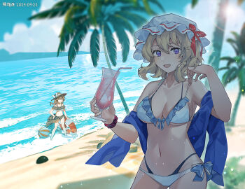 2girls ball beach beachball bikini blonde_hair blue_sky blush bow brown_hair cloud cocktail drink frilled_bikini frills furahata_gen hat highres light_particles long_hair maribel_hearn multiple_girls ocean open_clothes open_shirt palm_tree purple_eyes sand see-through_clothes short_hair sky smile summer sun_hat swimsuit touhou tree usami_renko waves