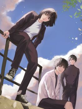 1girl 2boys :d :| ;) black_hair black_jacket black_shirt black_shorts blunt_bangs branch closed_mouth cloud cloudy_sky day emosunfish falling_petals from_below full_body han_sooyoung hands_in_pockets hands_on_lap highres jacket kim_dokja knee_up lollipop_in_mouth looking_at_viewer multiple_boys omniscient_reader&#039;s_viewpoint on_railing one_eye_closed open_clothes open_jacket open_mouth outdoors petals railing shirt shoes short_hair shorts sitting sky smile sneakers white_jacket white_shirt wind yoo_joonghyuk