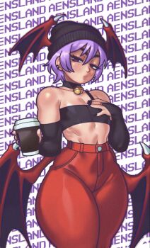 1girl alternate_costume bandeau bare_shoulders bat_wings beanie bell black_bandeau black_choker black_nails black_tube_top body_freckles breasts bridal_gauntlets bubble_tea capcom casual champchidi choker commentary cup curvy darkstalkers demon_girl demon_wings disposable_cup ear_piercing earrings elbow_gloves english_commentary english_text flat_chest freckles gloves hair_between_eyes hand_on_own_chest hat head_wings high-waist_pants highres holding holding_cup jewelry jingle_bell lilith_(darkstalkers) lips looking_at_viewer low_wings midriff nail_polish narrow_waist navel neck_bell pants piercing puckered_lips purple_hair red_eyes red_pants red_wings short_hair small_breasts solo standing strapless thick_eyebrows thick_thighs thighs tube_top wall_of_text wide_hips wings