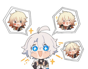 Rule 34 | 2boys, antenna hair, arm tattoo, armor, black choker, black coat, black gloves, black shirt, blonde hair, blue cape, blue eyes, blush, braid, cape, chest tattoo, choker, coat, commentary, earrings, english commentary, facial tattoo, fingerless gloves, gauntlets, gloves, gold earrings, gold necklace, gradient hair, highres, honkai: star rail, honkai (series), jewelry, male focus, medium hair, multicolored hair, multiple boys, mydei (honkai: star rail), necklace, nya deko, open clothes, open coat, parted bangs, pauldrons, phainon (honkai: star rail), red hair, red tattoo, shirt, short hair, shoulder armor, side braid, simple background, single pauldron, spoken character, tattoo, white background, white coat, white hair, yellow eyes