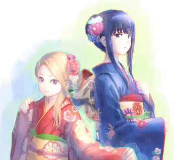 2girls absurdres back_bow blonde_hair blue_eyes blue_hair blue_kimono bow flower gujou_kanade hair_flower hair_ornament highres japanese_clothes kamiina_botan_yoeru_sugata_wa_yuri_no_hana kimono kitamori_yaeka long_hair multiple_girls nazo_no_anime-dan obi parted_lips purple_eyes red_kimono sash smile upper_body
