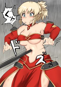 1girl blonde_hair cacaodecocoa fate/apocrypha fate/grand_order fate_(series) fight green_eyes highres kokoneri midriff mordred_(fate) mordred_(fate/apocrypha) navel navel_insertion ponytail ryona tagme
