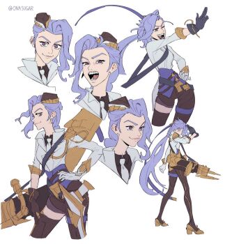 1girl asymmetrical_gloves black_gloves black_hat black_shirt black_shorts black_thighhighs blue_hair breasts closed_mouth collared_shirt full_body glorious_jinx gloves hand_on_own_hip hat highres jacket jinx_(league_of_legends) league_of_legends long_hair medium_breasts mini_hat mismatched_gloves multiple_views necktie official_alternate_costume onasugar open_mouth purple_eyes shirt shorts smile solo swept_bangs thighhighs twitter_username white_gloves white_jacket white_necktie