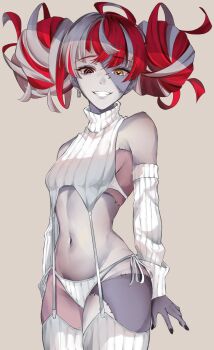 Rule 34 | 1girl, absurdres, ahoge, black nails, blunt ends, breasts, brown background, colored skin, commentary, cowboy shot, crop top, cropped sweater, demise (official makuu), detached sleeves, diamond-shaped pupils, diamond (shape), double bun, earrings, english commentary, grey hair, grey skin, grin, groin, hair bun, heterochromia, highres, hip dips, hololive, hololive indonesia, jewelry, kureiji ollie, linea alba, long hair, looking at viewer, mismatched pupils, multicolored hair, multicolored skin, narrow waist, navel, panties, patchwork skin, red eyes, red hair, ribbed panties, ribbed sleeves, ribbed sweater, ribbed thighhighs, sharp teeth, side-tie panties, sideboob, simple background, single earring, sleeveless, sleeveless sweater, sleeveless turtleneck, small breasts, smile, solo, stitched face, stitched leg, stitched torso, stitches, stomach, sweater, symbol-shaped pupils, teeth, thighhighs, turtleneck, turtleneck sweater, two-tone skin, underwear, virgin destroyer sweater, virtual youtuber, white panties, white skin, white sleeves, white sweater, white thighhighs, wide hips, x-shaped pupils, yellow eyes, zombie