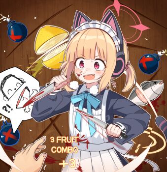 !? 1boy 1girl :d absurdres animal_ear_headphones animal_ears apron aqua_ribbon black_dress blonde_hair blood blood_on_clothes blood_on_face bloody_knife blue_archive blunt_bangs blush bomb borrowed_clothes bow cat_ear_headphones cat_ears cat_tail chinese_commentary clip_studio_paint_(medium) collared_dress commentary_request contrast_collar cutting death_momoi_(meme) doodle_sensei_(blue_archive) dress drooling dual_wielding english_text explosive fake_animal_ears fake_tail fang fish food frilled_apron frills fruit fruit_ninja hair_bow halo headphones highres holding holding_knife knife lemon long_sleeves maid maid_apron maid_headdress making-of_available meme momoi_(blue_archive) momoi_(maid)_(blue_archive) mouth_drool neck_ribbon official_alternate_costume official_alternate_hairstyle open_mouth outline pink_bow pink_eyes pink_halo pov pov_hands power_symbol puffy_long_sleeves puffy_sleeves reverse_grip ribbon sensei_(blue_archive) short_hair short_twintails sidelocks skin_fang smile solo_focus spoken_character sweat tail teeth trembling twintails upper_body upper_teeth_only v-shaped_eyebrows white_apron white_outline yangfan yellow_halo yuzu_(blue_archive)