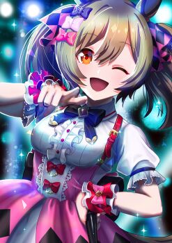 1girl animal_ears argyle_bow blush bow breasts brown_eyes brown_hair center_frills commentary_request frills hair_between_eyes hair_bow holding holding_microphone horse_ears horse_girl horse_tail looking_at_viewer medium_breasts microphone one_eye_closed open_mouth otono_(bkt4b) pink_bow pink_skirt puffy_short_sleeves puffy_sleeves purple_bow shirt short_sleeves skirt smart_falcon_(love_4ever)_(umamusume) smart_falcon_(umamusume) smile solo spotlight suspender_skirt suspenders tail twintails umamusume white_shirt wrist_cuffs