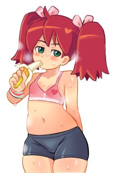 1girl banana bike_shorts blush_stickers bra breasts drawfag eating food fruit green_eyes highres navel red_hair ribbon saru_getchu sayaka_(saru_getchu) simple_background small_breasts solo standing sweat sweatband sweatdrop thick_thighs thighs twintails underwear white_background