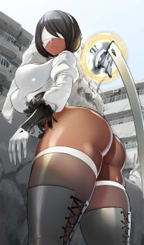1girl 2p_(nier:automata) absurdres alternate_breast_size alternate_color alternate_skin_color ass ass_focus black_hair blindfold boots bracer breasts commentary covered_eyes crack cracked_wall curvy dark-skinned_female dark_skin debris english_commentary expressionless feather-trimmed_sleeves final_fantasy final_fantasy_xiv floating floating_object floating_weapon from_below gloves grey_boots grey_sky highleg highleg_leotard highres huge_ass impossible_clothes katana lace-up_boots large_breasts leotard lips mole mole_under_mouth nier:automata nier_(series) nisetanaka no_pants outdoors paid_reward_available palette_swap post-apocalypse see-through_clothes see-through_legwear shiny_skin short_hair sky solo soul_calibur soulcalibur soulcalibur_vi sword sword_on_back thick_thighs thighhighs thighhighs_under_boots thighs thong_leotard torn torn_clothes twisted_torso weapon weapon_on_back white_gloves white_thighhighs wide_hips
