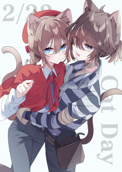 Rule 34 | 2boys, :d, androgynous, animal ears, beret, black pants, blue eyes, bow, brown hair, capelet, cat boy, cat day, cat ears, cat tail, collar, dated, drill hair, drill ponytail, edgar valden, fang, grey eyes, hair between eyes, half-closed eyes, hat, highres, identity v, looking at viewer, luca balsa, male focus, metal collar, multiple boys, open mouth, pants, ponytail, potechi (kaoriion613), pout, red bow, red capelet, shirt, short ponytail, smile, striped clothes, striped shirt, sweat, tail, trap