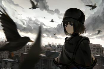 1girl bird black_bird black_dress black_eyes black_hair capelet closed_mouth cloud cloudy_sky commentary_request dress fur-trimmed_capelet fur_trim gundami hair_between_eyes hat highres kuonji_alice light_frown looking_at_viewer looking_to_the_side mahou_tsukai_no_yoru short_hair signature sky solo type-moon