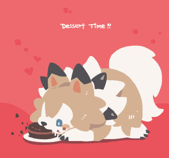 Rule 34 | animal focus, blue eyes, cake, claws, commentary, dog, eating, english text, food, full body, gen 7 pokemon, luminous slime, lycanroc, lycanroc (midday), nintendo, no humans, no lineart, plate, pokemon, pokemon (creature), pokemon focus, red background, simple background, solo, symbol-only commentary