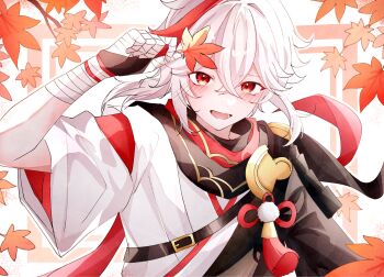 1boy armor bandaged_hand bandages black_gloves commentary crossed_bangs english_commentary fingerless_gloves genshin_impact gloves hair_between_eyes highres holding holding_leaf japanese_armor japanese_clothes kaedehara_kazuha kuro774_n leaf looking_at_viewer male_focus maple_leaf multicolored_hair open_mouth ponytail red_eyes red_hair solo streaked_hair upper_body white_hair